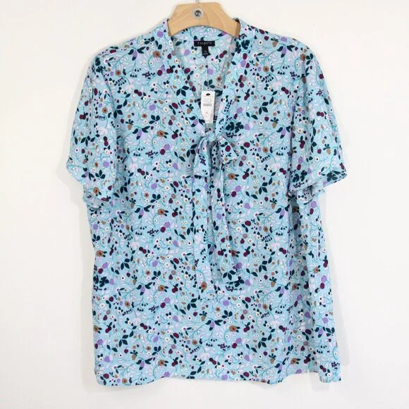 Talbots Floral Top New Women Short Sleeve Blouse V Neck Bow Shirt sz XL - Picture 3 of 11